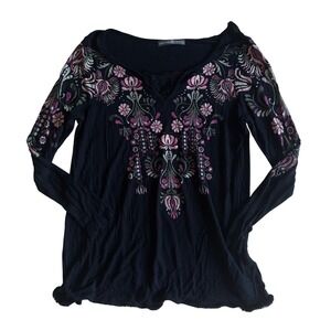 Y2K Signature 8 Collection Black Floral Boho V-Neck Top Long Sleeve Small